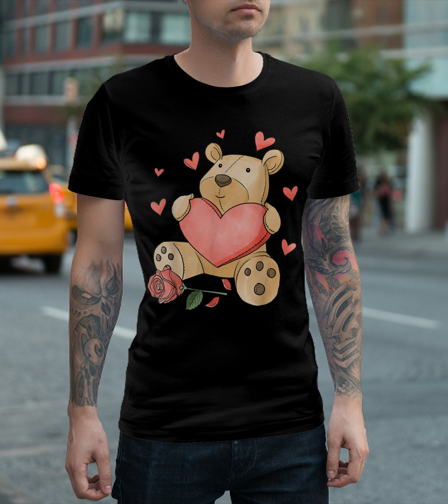 Valentines Day Cute Bear Holding Love Heart And Roses With Romantic Hearts T-Shirt