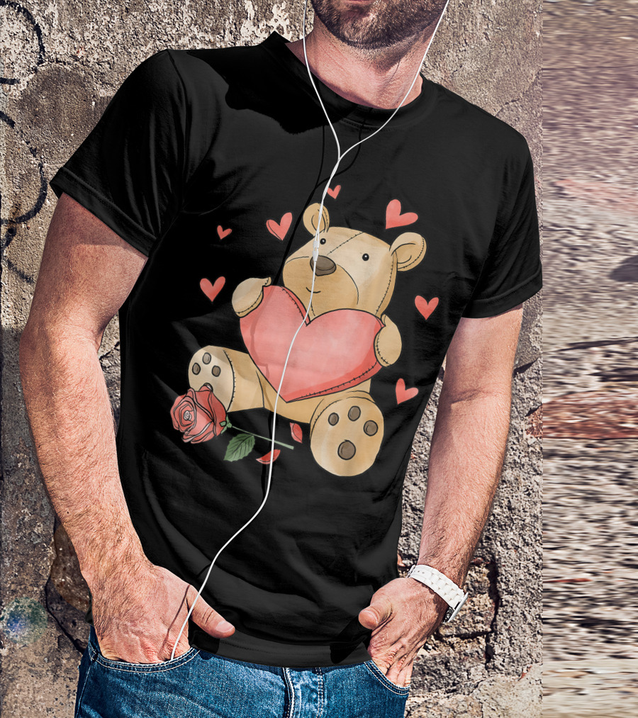Valentines Day Cute Bear Holding Love Heart And Roses With Romantic Hearts T-Shirt