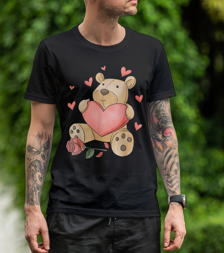 Valentines Day Cute Bear Holding Love Heart And Roses With Romantic Hearts T-Shirt