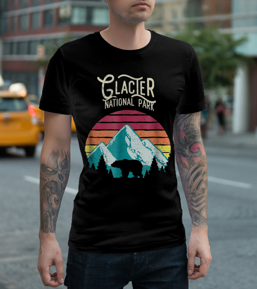 Glacier National Park Retro Mountain Bear with Sunset Stripes T-Shirt
