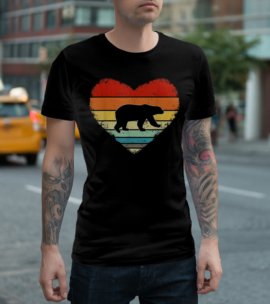 Vintage Heart Polar Bear Valentines Day Retro Stripes T-Shirt