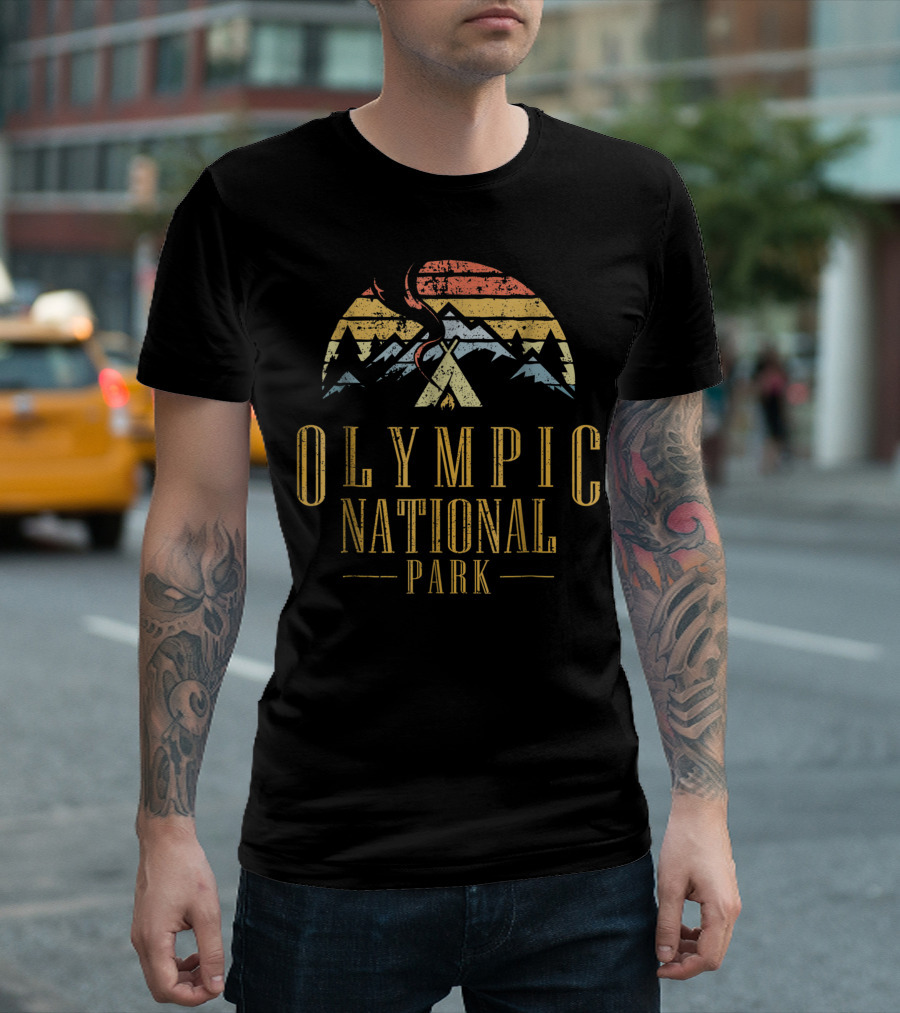 Olympic National Park Retro Campfire Mountain Scene T-Shirt