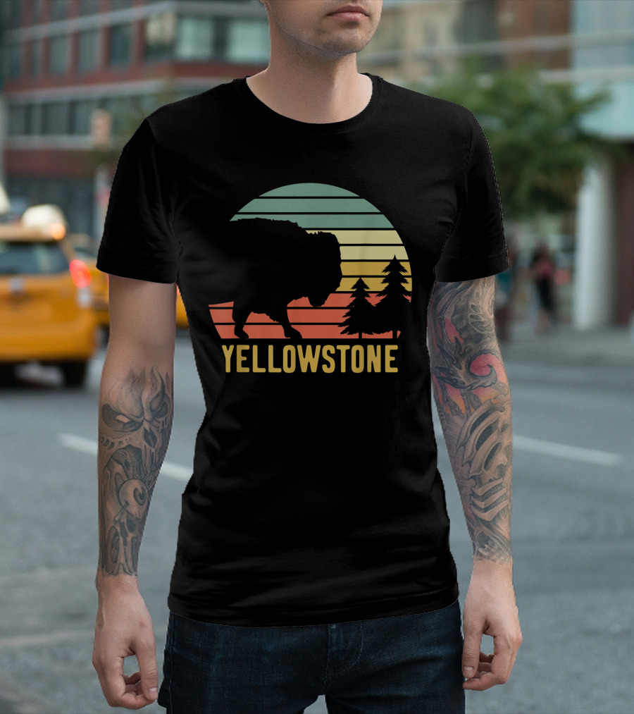 Yellowstone National Park Vintage Sunset Buffalo Pines T-Shirt