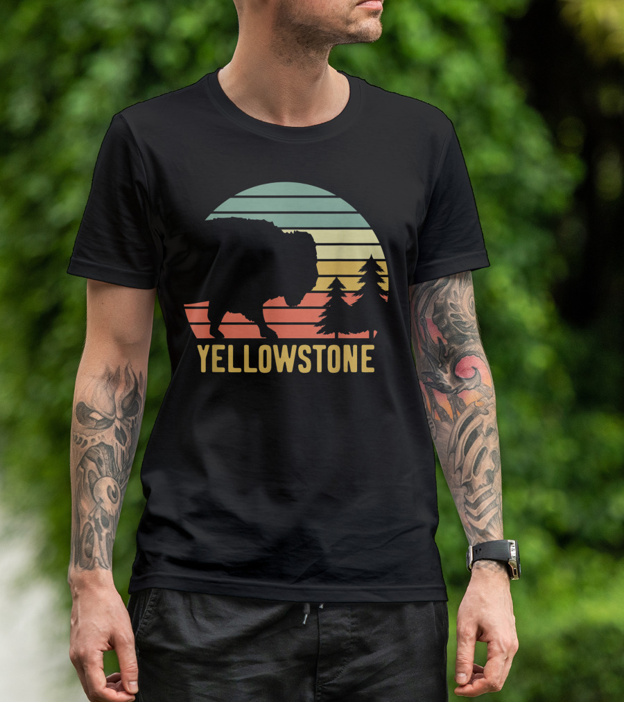 Yellowstone National Park Vintage Sunset Buffalo Pines T-Shirt