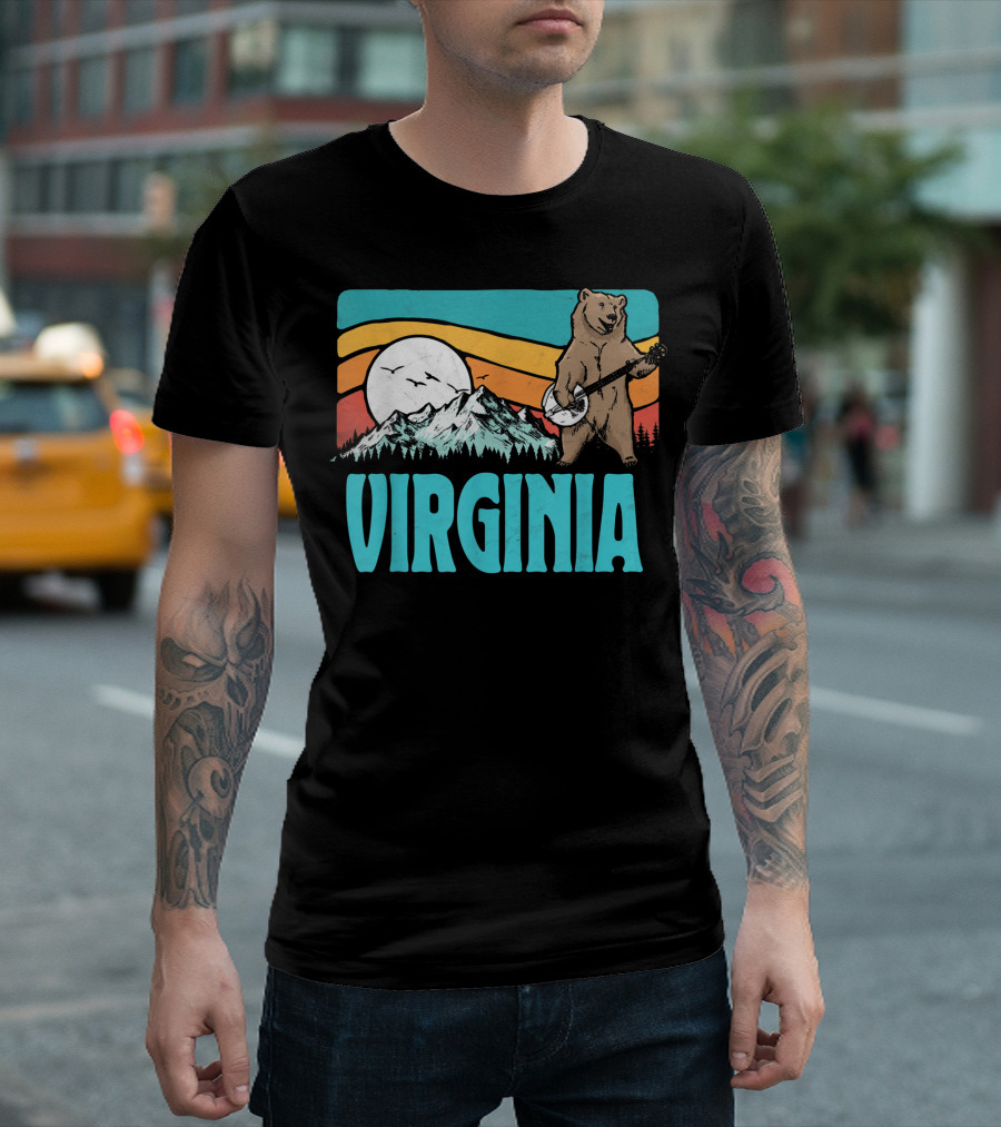 Virginia Blue Ridge Mountains Bear Banjo Sunset Scene T-Shirt