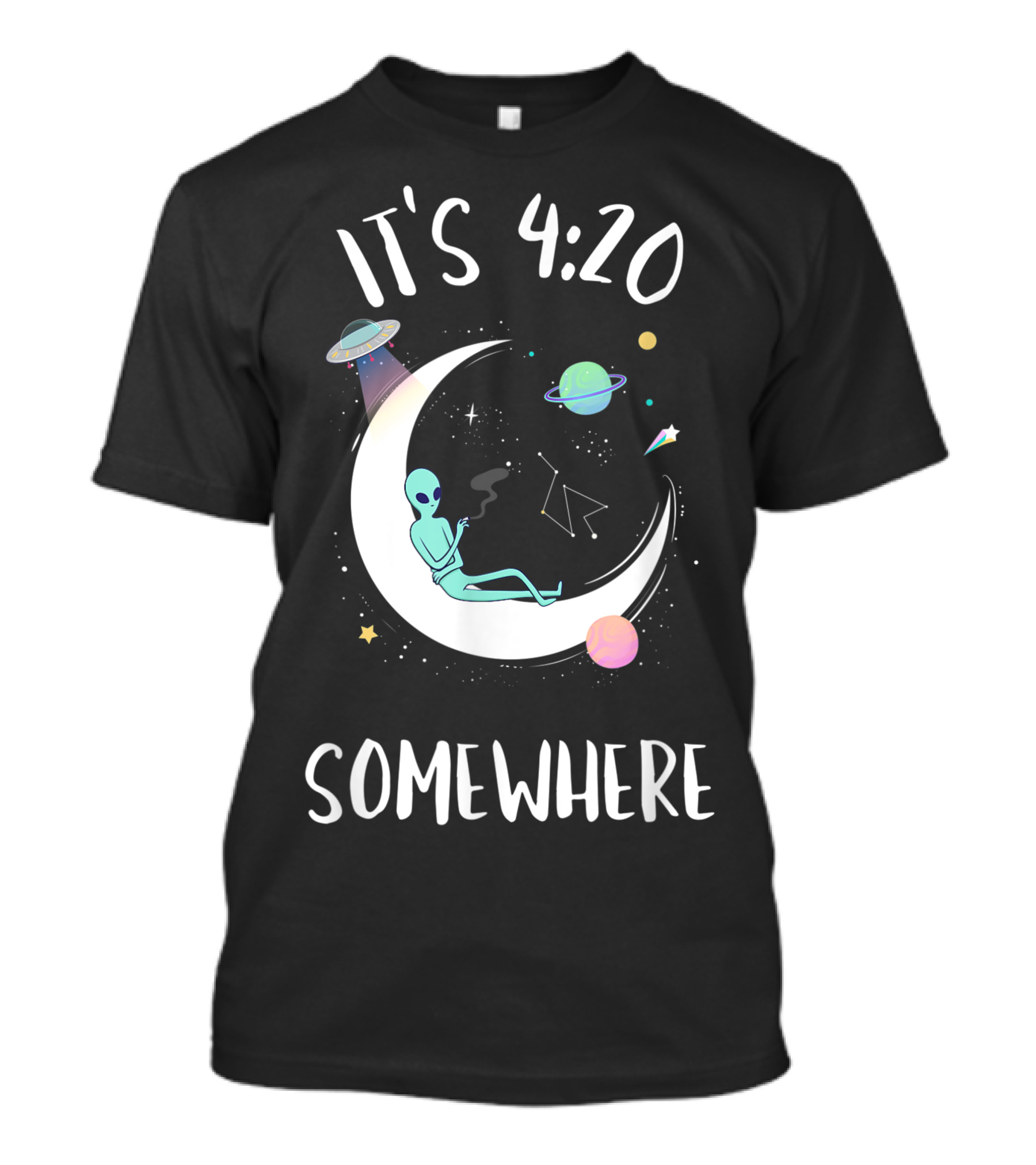 Its 420 Somewhere Weed Joint Smoking Moon Alien T-Shirt
