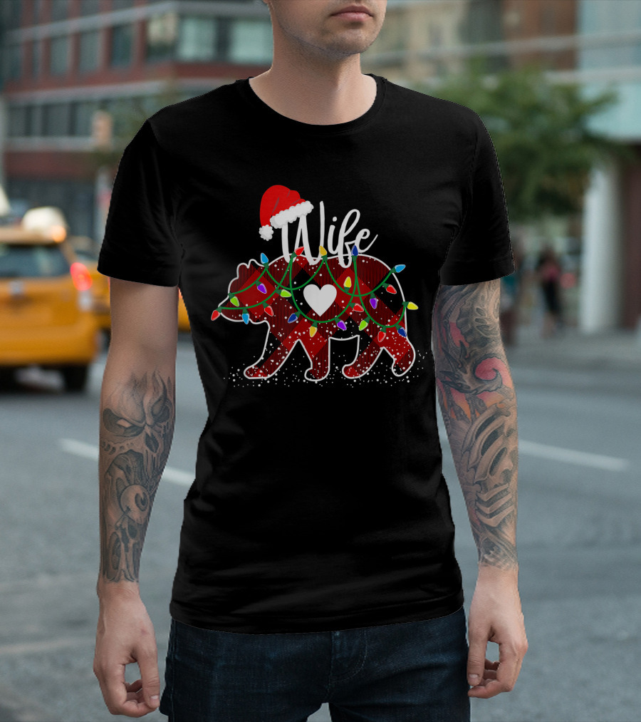 Wife Bear Christmas Red Buffalo Plaid Santa Hat Festive Lights T-Shirt