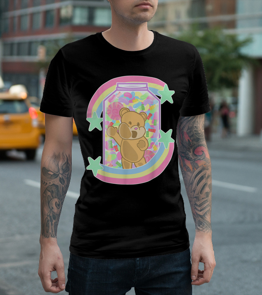Yume Kawaii Pastel Goth Bear in Candy Jar with Stars and Rainbow T-Shirt