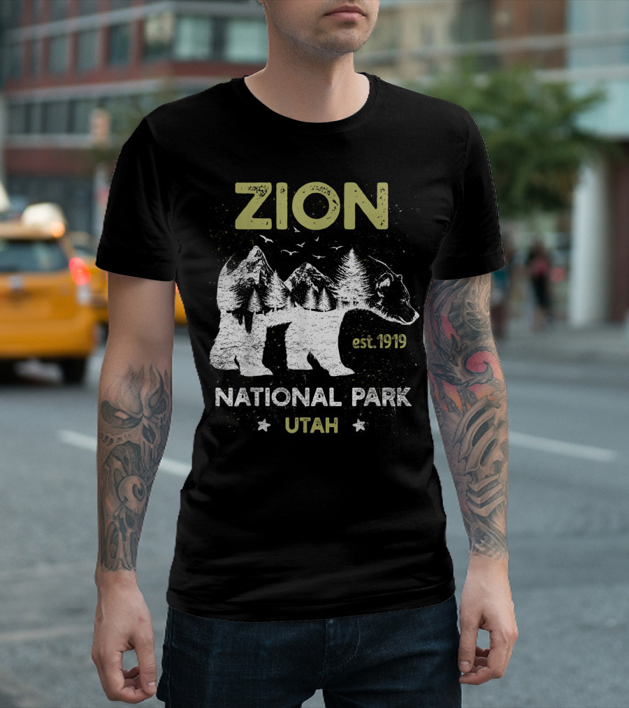 Zion National Park Utah Est. 1919 Bear and Mountain Scene T-Shirt