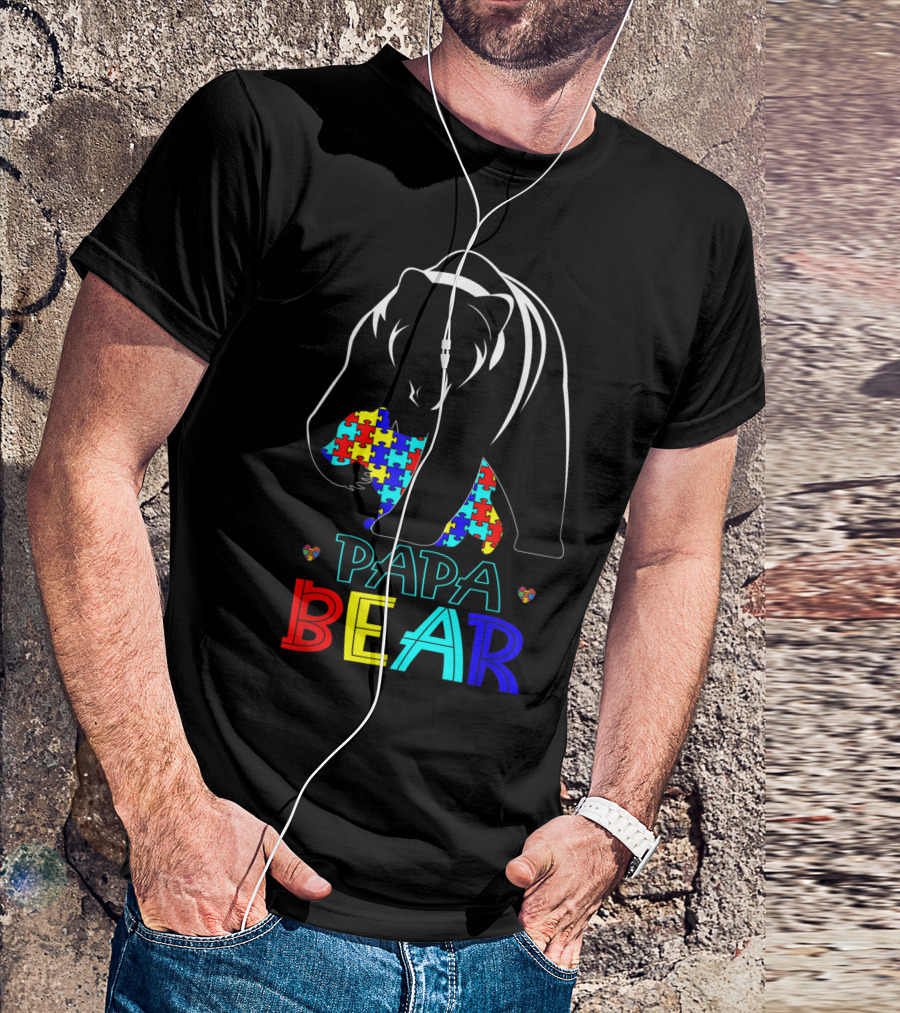 Papa Bear Autism Awareness Dad Love Support Puzzle T-Shirt