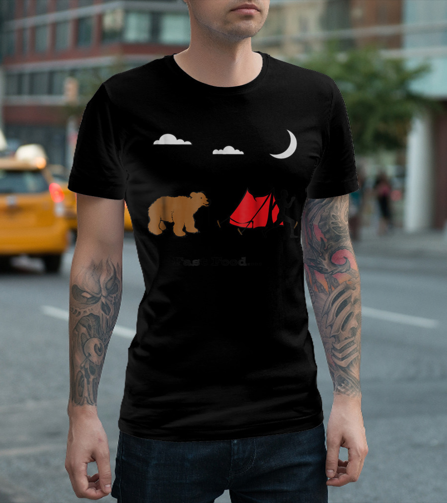 Fast Food Humorous Camping Bear Chase Moon Clouds Tent T-Shirt