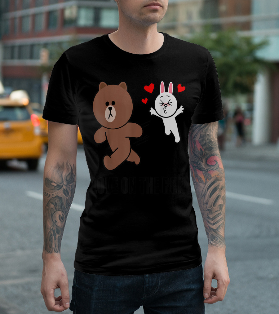 Cute Brown Bear Cony Bunny Rabbit Love On The Run Valentines Hearts T-Shirt