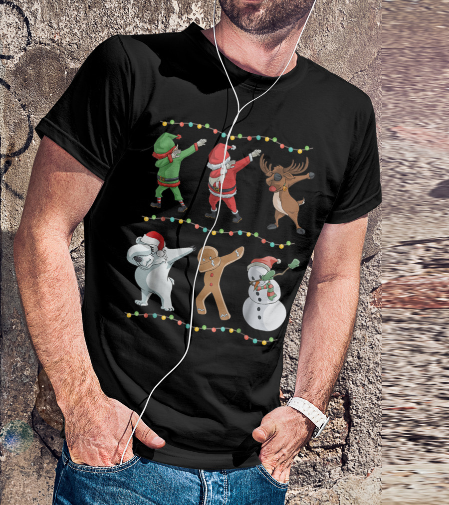Dabbing Santa Reindeer Elf Gingerbread Snowman Polar Bear Christmas Lights T-Shirt