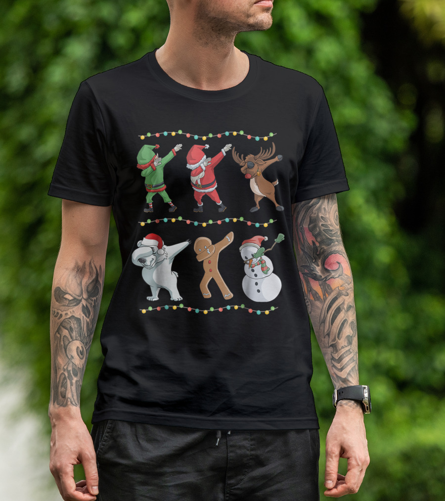 Dabbing Santa Reindeer Elf Gingerbread Snowman Polar Bear Christmas Lights T-Shirt