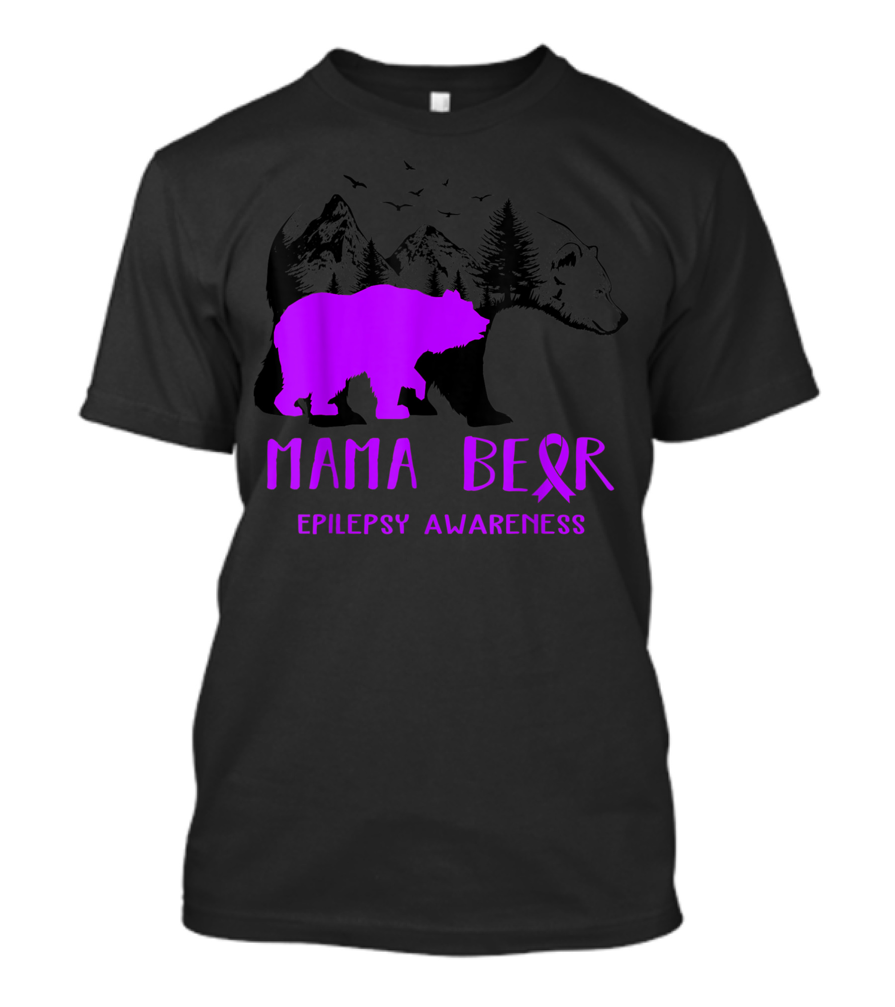 Mama Bear Epilepsy Awareness Purple Ribbon Forest Bear T-Shirt