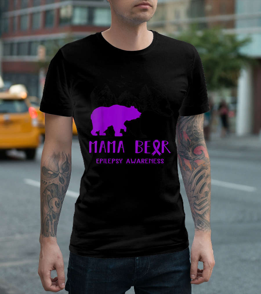 Mama Bear Epilepsy Awareness Purple Ribbon Forest Bear T-Shirt