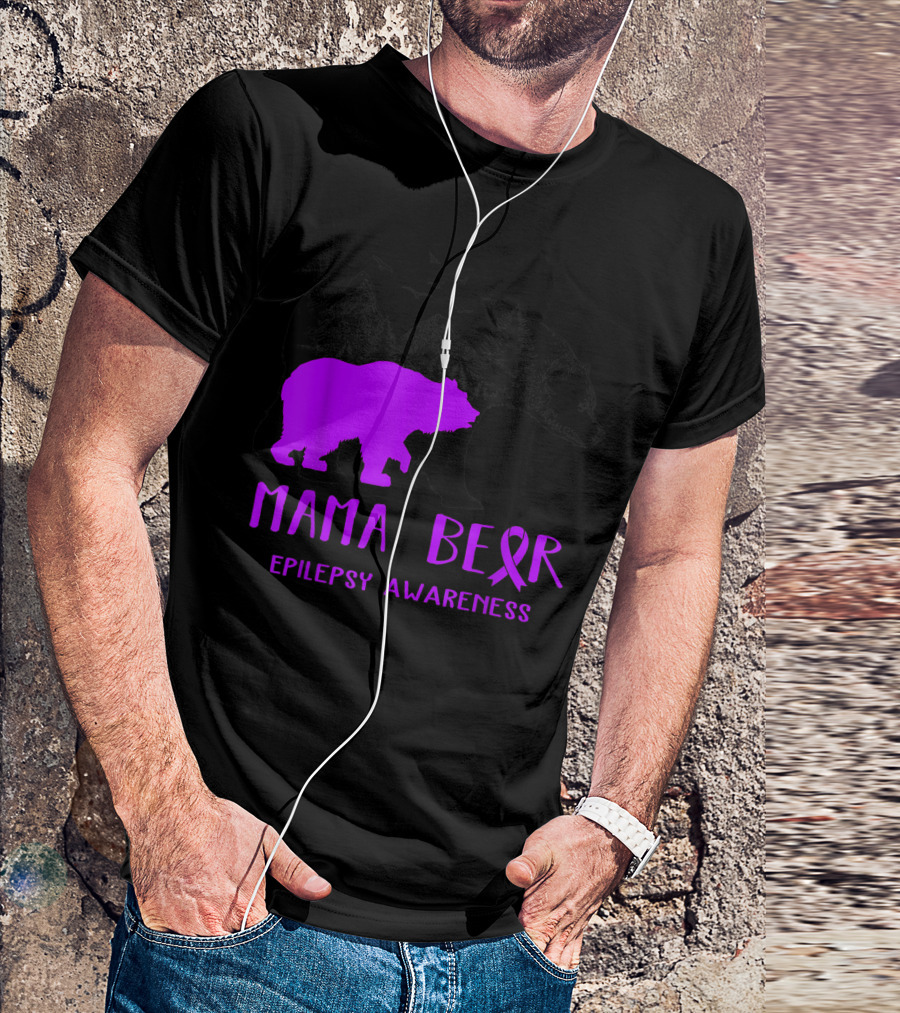 Mama Bear Epilepsy Awareness Purple Ribbon Forest Bear T-Shirt