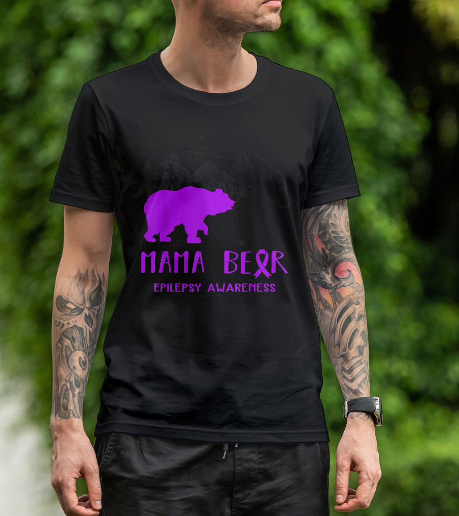 Mama Bear Epilepsy Awareness Purple Ribbon Forest Bear T-Shirt