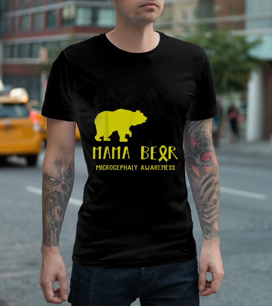 Mama Bear Microcephaly Awareness Yellow Ribbon Mountains Forest T-Shirt