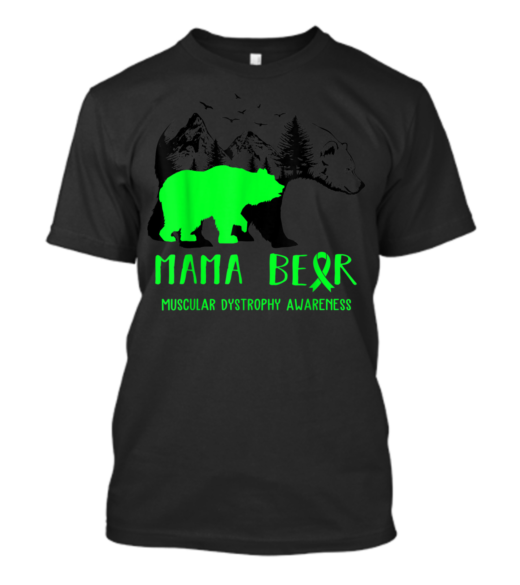 Mama Bear Muscular Dystrophy Awareness Ribbon And Bear Silhouette Forest Scene T-Shirt