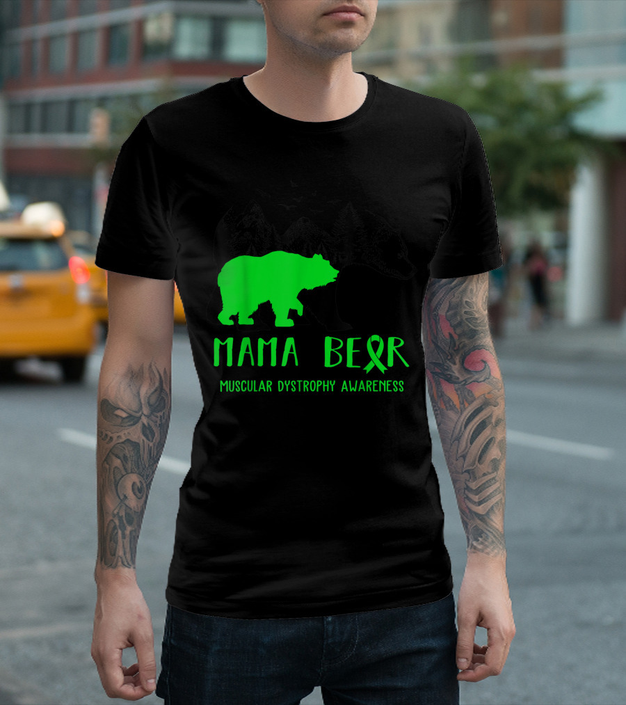 Mama Bear Muscular Dystrophy Awareness Ribbon And Bear Silhouette Forest Scene T-Shirt