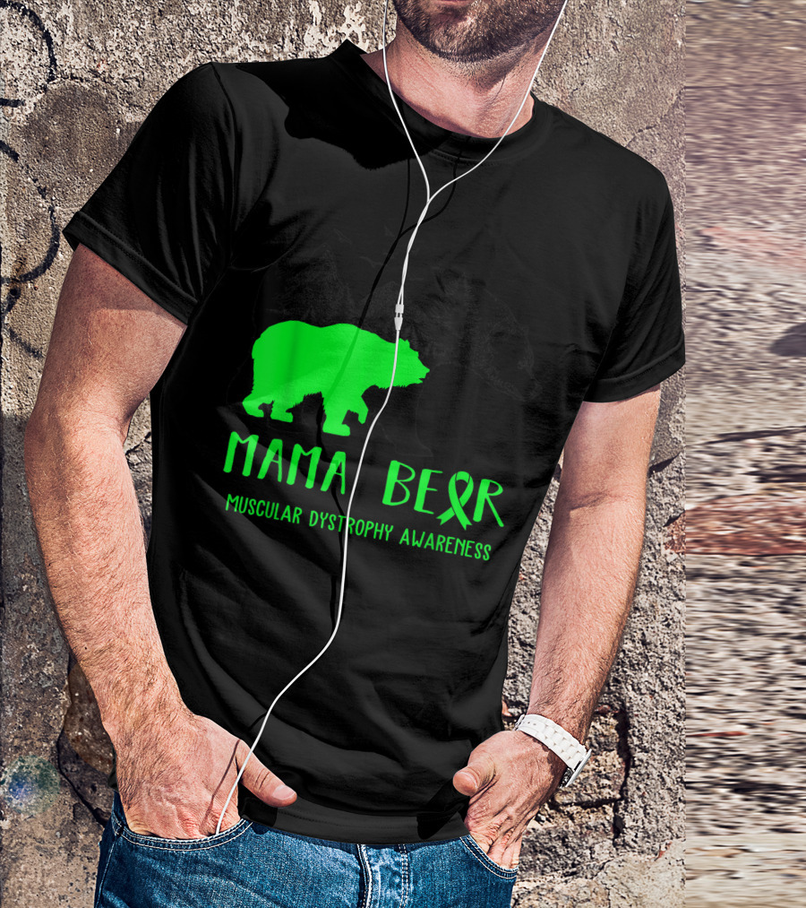 Mama Bear Muscular Dystrophy Awareness Ribbon And Bear Silhouette Forest Scene T-Shirt