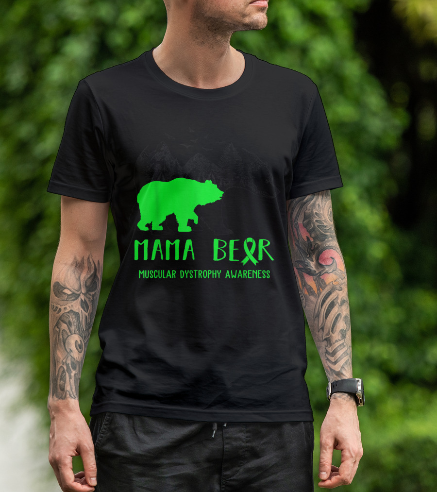 Mama Bear Muscular Dystrophy Awareness Ribbon And Bear Silhouette Forest Scene T-Shirt