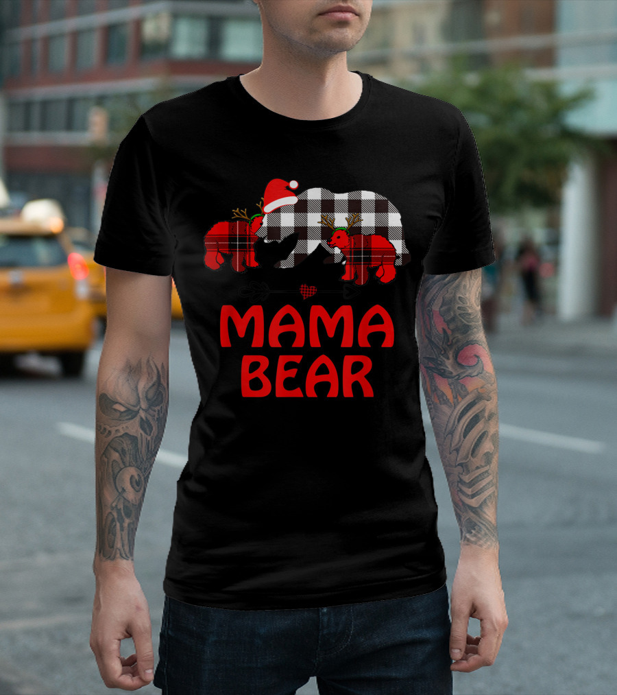 Mama Bear Plaid Cubs Christmas Santa Hat Buffalo Plaid T-Shirt