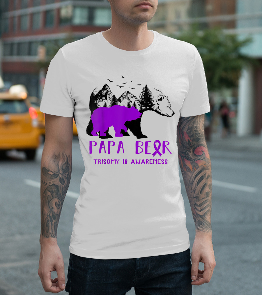 Papa Bear Trisomy 18 Awareness Purple Ribbon Bear Silhouette with Mountains and Trees T-Shirt