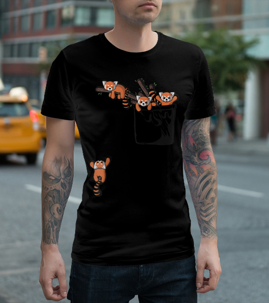Pocket Series Cute Red Panda Bear Playing in Black Pocket with Tree Branches T-Shirt