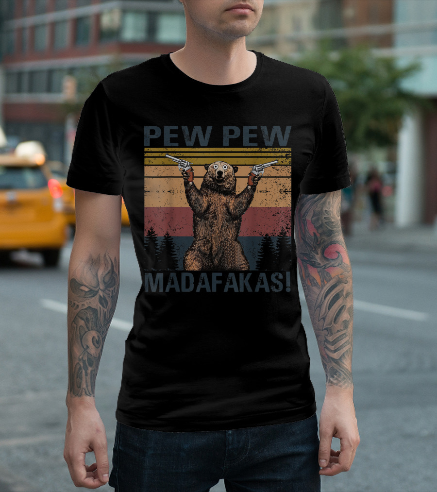 Pew Pew Madafakas Bear Retro Gun Humor T-Shirt