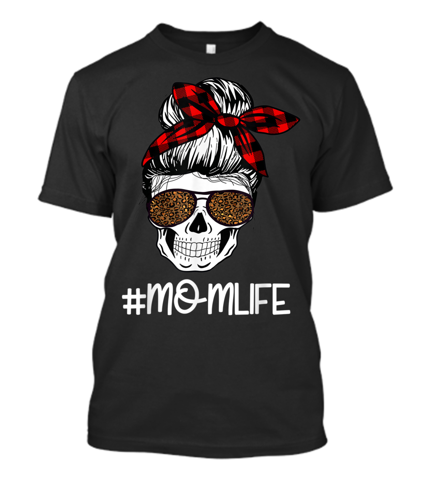 Momlife Skull With Plaid Bandana And Leopard Sunglasses T-Shirt