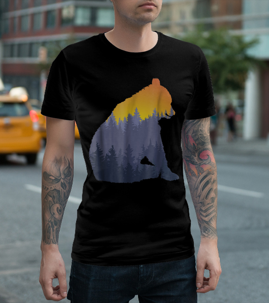 Black Bear Silhouette In Sunset Pine Tree Forest In Mountain T-Shirt