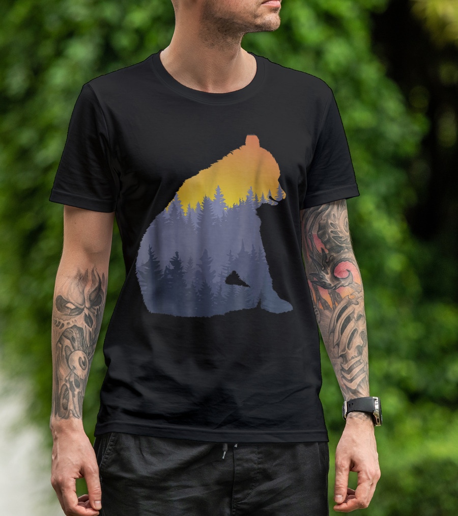 Black Bear Silhouette In Sunset Pine Tree Forest In Mountain T-Shirt