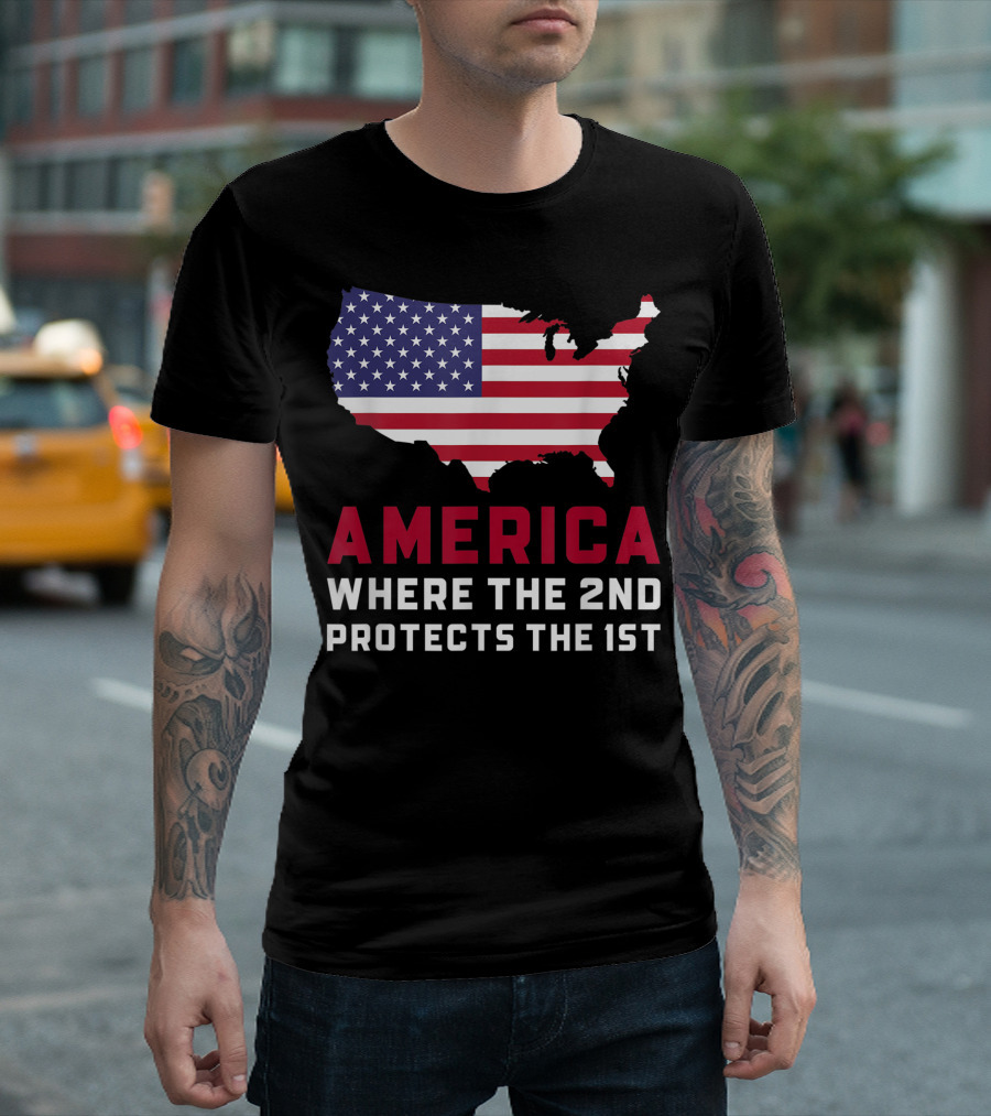 AMERICA Where The 2nd Protects The 1st USA Flag Map T-Shirt