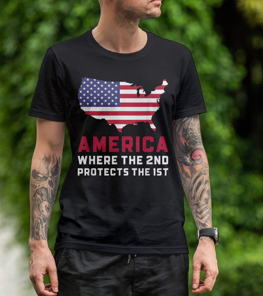 AMERICA Where The 2nd Protects The 1st USA Flag Map T-Shirt