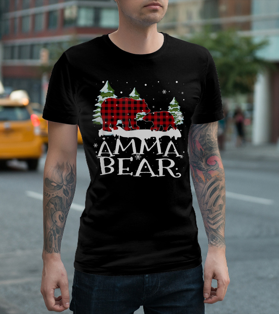 Amma Bear Christmas Red Plaid Family Snowy Trees T-Shirt