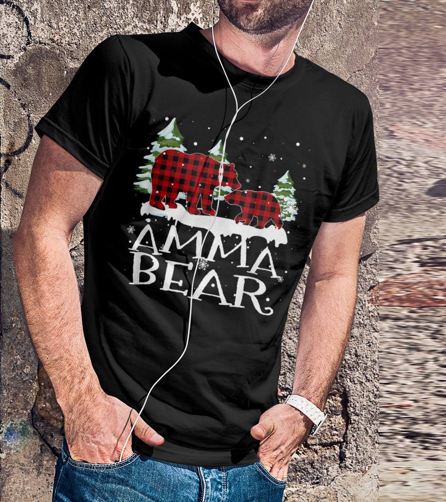 Amma Bear Christmas Red Plaid Family Snowy Trees T-Shirt