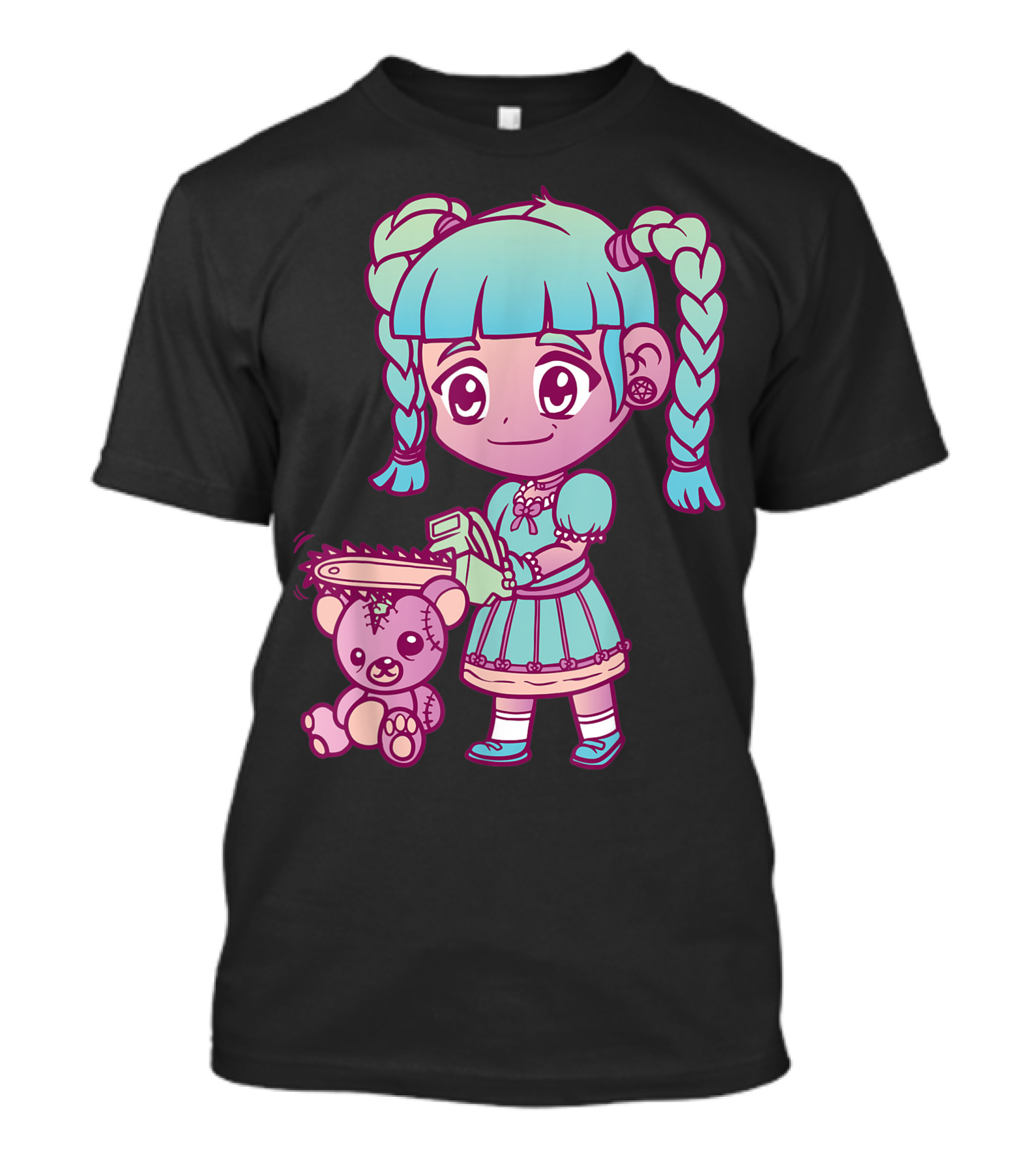 Anime Aesthetic Pastel Goth Girl With Chainsaw Teddy Bear T-Shirt