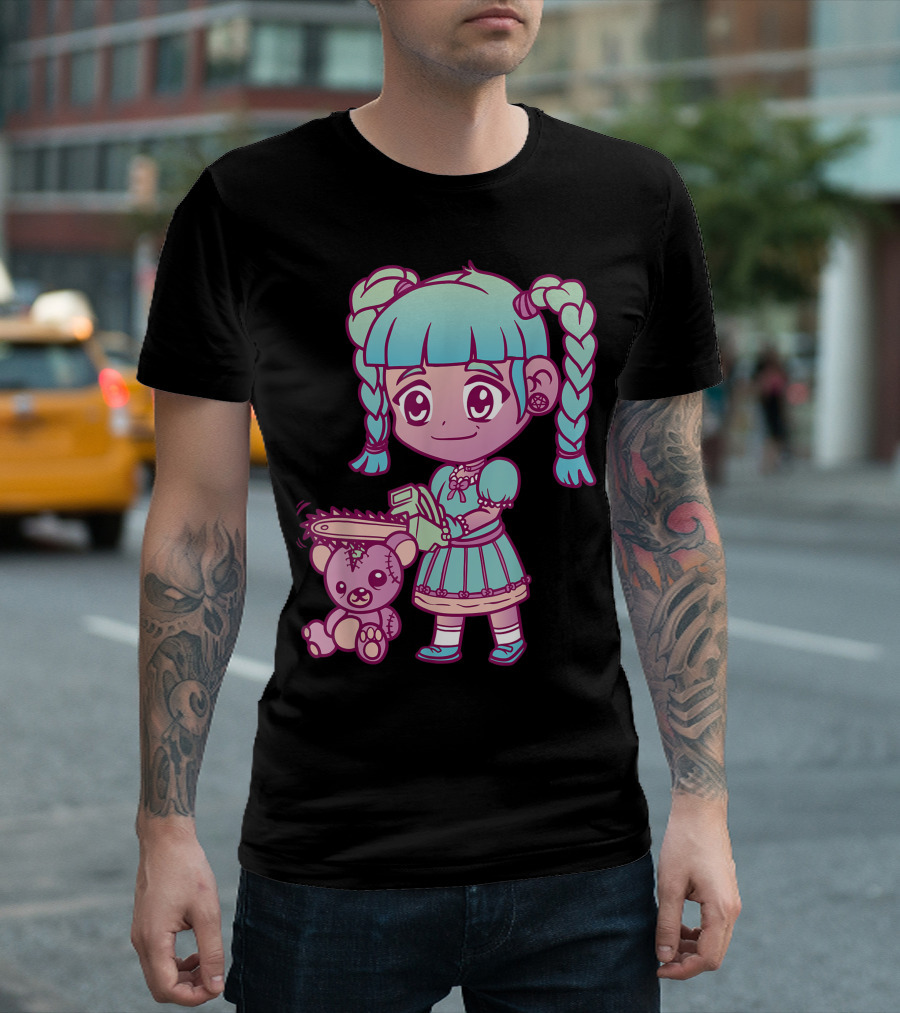 Anime Aesthetic Pastel Goth Girl With Chainsaw Teddy Bear T-Shirt