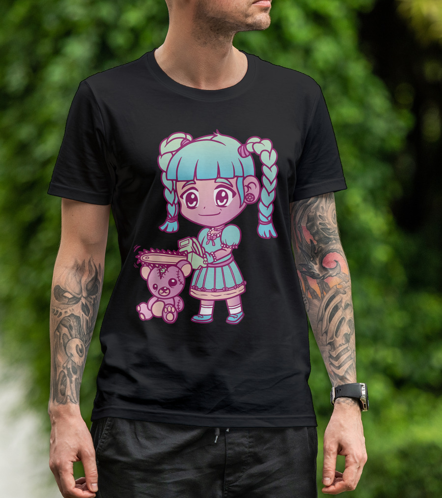 Anime Aesthetic Pastel Goth Girl With Chainsaw Teddy Bear T-Shirt