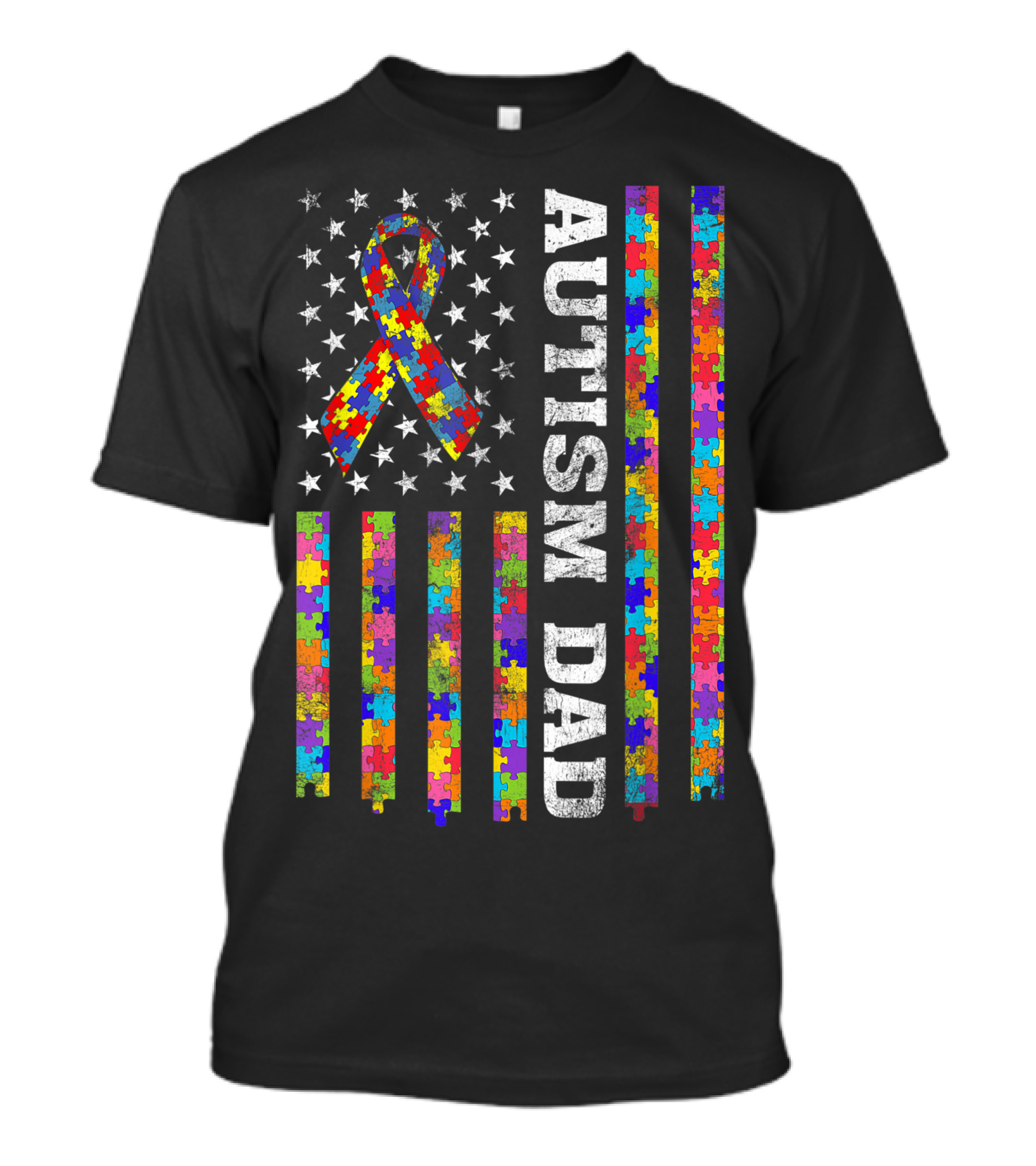 Autism Dad Awareness Vintage USA Flag Puzzle Ribbon Stars T-Shirt