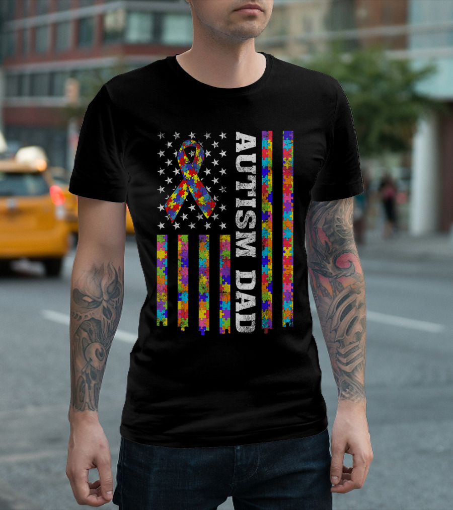 Autism Dad Awareness Vintage USA Flag Puzzle Ribbon Stars T-Shirt