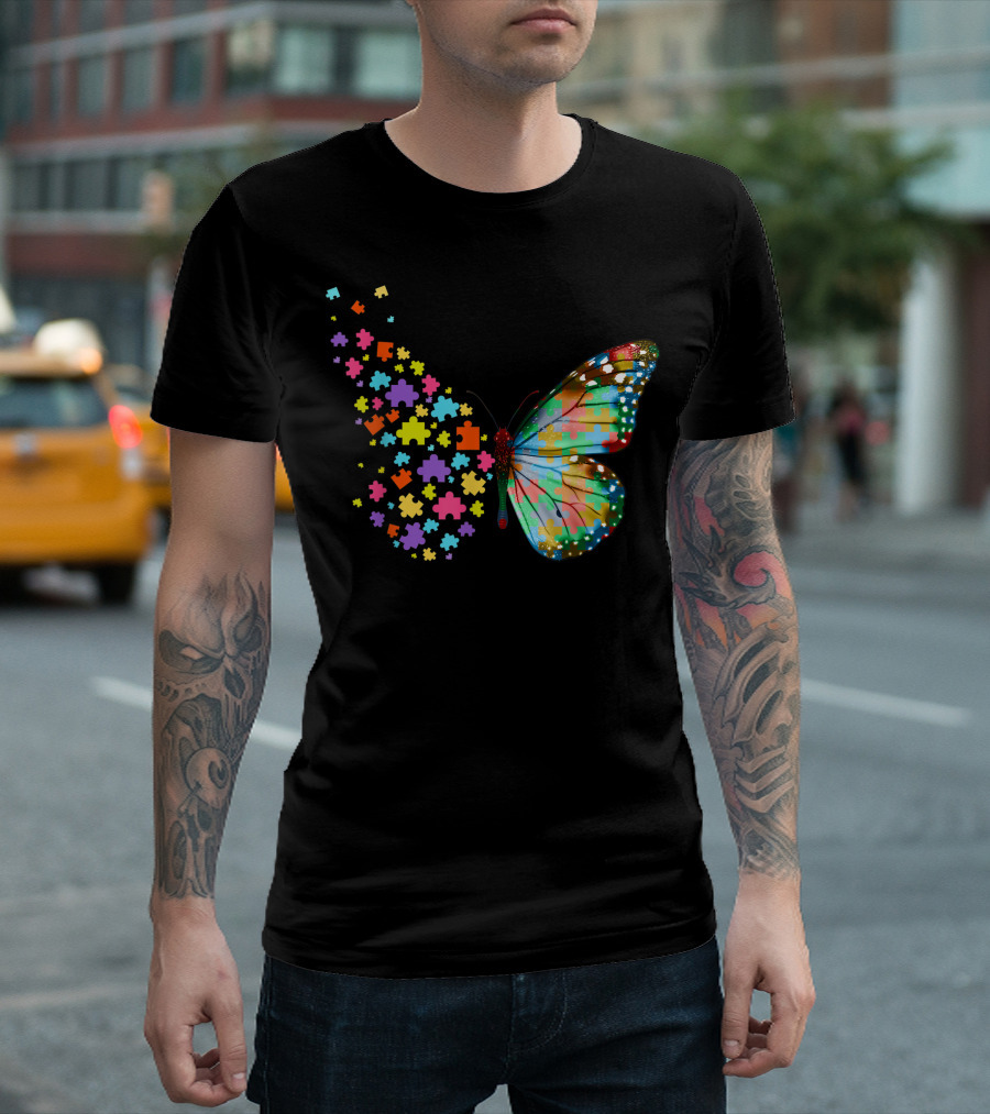 Autism Awareness Butterfly Peace Lover Puzzle Pieces T-Shirt