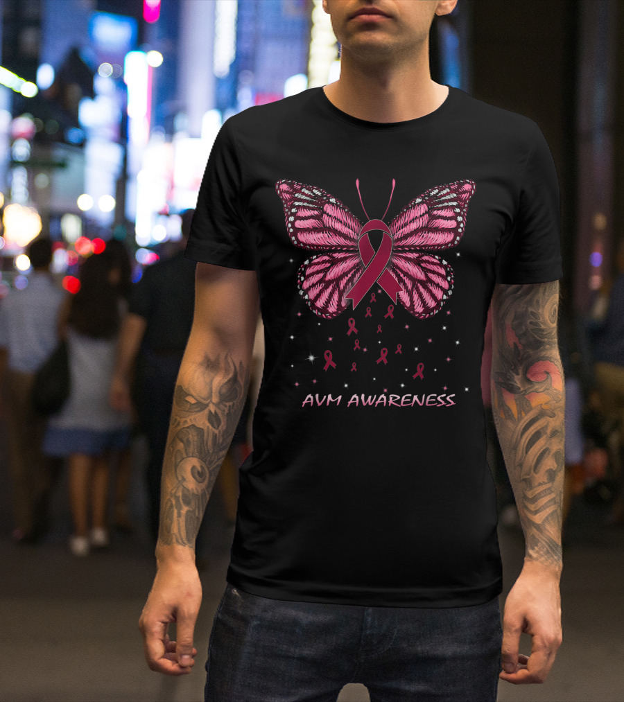 AVM Awareness Butterfly With Pink Ribbon Wings And Stars T-Shirt