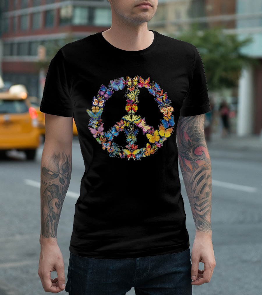 Beautiful Butterfly Peace Symbols Hippie Butterflies Circle T-Shirt
