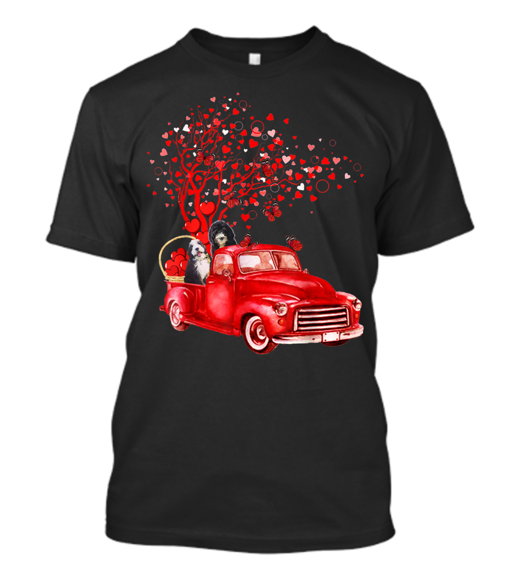 Bernedoodle Valentine Red Truck With Butterfly Heart Tree T-Shirt