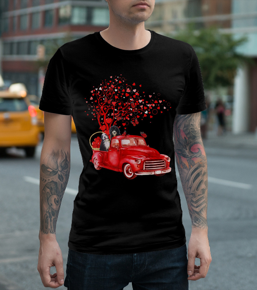 Bernedoodle Valentine Red Truck With Butterfly Heart Tree T-Shirt