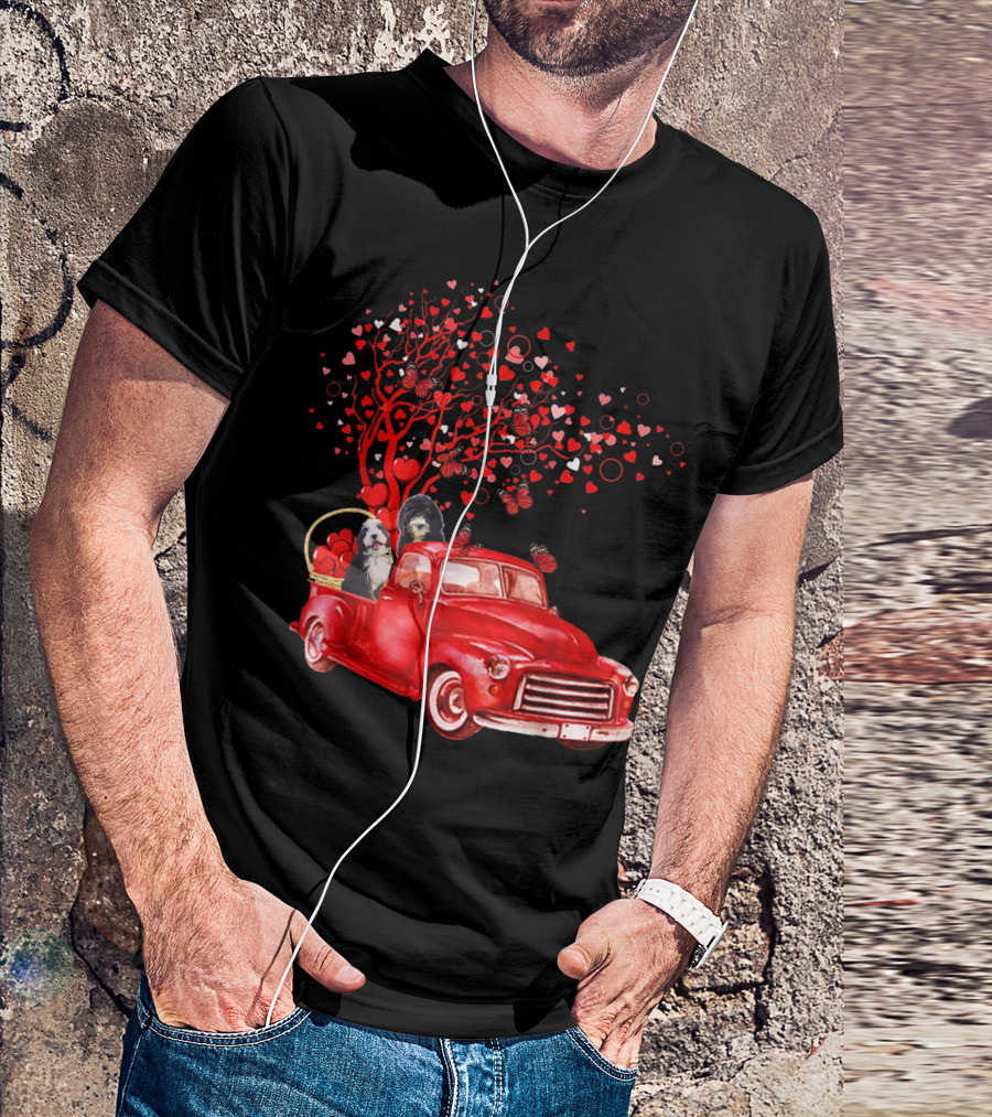 Bernedoodle Valentine Red Truck With Butterfly Heart Tree T-Shirt
