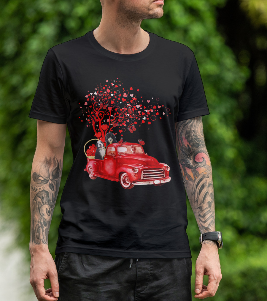 Bernedoodle Valentine Red Truck With Butterfly Heart Tree T-Shirt